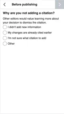 A screenshot showing what people will see who ''decline'' to ad a citation when Edit Check invites them to do so.