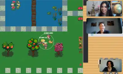  Three people talking in a video chat overlayed on an animated gamespace