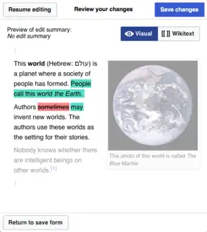 Screenshot showing some changes to an article.  Most changes are highlighted with text formatting.