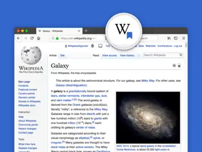 Example Wikipedia article in a Firefox browser tab, with a close up zoom of the Wikipedia Reading Lists extension icon in the address bar.