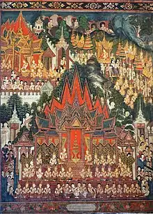 Image 5Mural painting at Phra Thi Nang Phutthaisawan dates back to the early Rattanakosin period. (from Culture of Thailand)