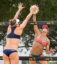 Image 21Unlike indoor volleyball, a touch off the block counts as one of the three allowed touches. (from Beach volleyball)