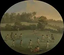 Image 5A Game of Cricket at The Royal Academy Club in Marylebone Fields, now Regent's Park, depiction by unknown artist, c. 1790–1799 (from History of cricket)