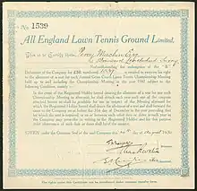 Image 54Debenture of the All England Lawn Tennis Ground Ltd., issued 20. August 1930. (from Wimbledon Championships)