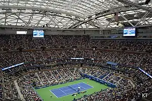 Image 21Arthur Ashe Stadium with the roof closed in 2018. (from US Open (tennis))