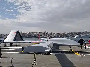 The Baykar Bayraktar TB3 on the flight deck of TCG Anadolu, anchored at the Seraglio Point on the Golden Horn in Istanbul.