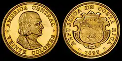 Image 10Costa Rica 1897 20 Colones (proof) from the first year of issue for coinage