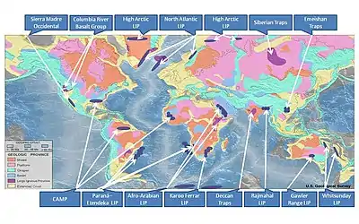 Image 6Only a few of the largest large igneous provinces appear (coloured dark purple) on this geological map, which depicts crustal geologic provinces as seen in seismic refraction data