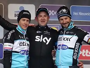 Ian Stannard (centre), Niki Terpstra (left) and Tom Boonen on the podium after the race