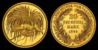 Image 1German New GuineaDesign credit: German New Guinea Company; photographed by the National Numismatic CollectionGerman New Guinea was a German colonial protectorate established in 1884 in the northeastern part of the island of New Guinea and several nearby island groups. The German New Guinea Company was founded in Berlin by Adolph von Hansemann and a syndicate of German bankers for the purpose of colonizing and exploiting the protectorate's resources. This gold coin, worth 20 New Guinean marks, was issued by the German New Guinea Company in 1895, and is now part of the National Numismatic Collection at the Smithsonian Institution.