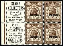 Image 13Advertising for the stamp dealer Charles Nissen on a booklet pane from the 1929 PUC stamps of Great Britain.