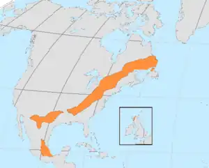 map of North America with a 350km wide band running from south west to north east, inlay with the same band existing in the extreme north west of Scotland