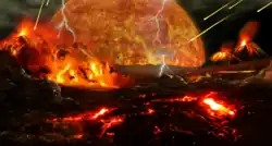 Image 73Artist's impression of a Hadean landscape with the relatively newly formed Moon still looming closely over Earth and both bodies sustaining strong volcanism. (from History of Earth)