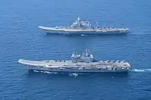 INS Vikramaditya with INS Vikrant during a multi-carrier operations in Arabian Sea