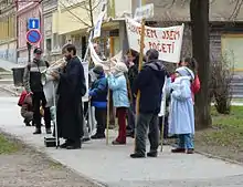 Image 21Orthodox priest Libor Halík with a group of followers. Halík has been chanting daily for over five years against abortion via megaphone in front of a maternity hospital in Brno, Moravia. (from Freedom of speech by country)