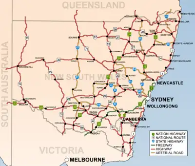 New South Wales showing highways connecting towns and major centres.