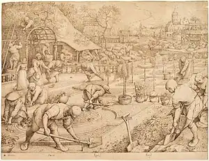 Spring, 1565, a drawing made to be engraved. It was apparently never painted by Bruegel himself, but after his death came dozens of versions in paint by his son and others.