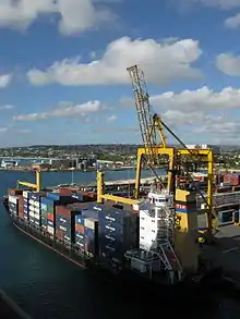 Image 11A container ship docked in the deep water harbour of Bridgetown, Barbados, which opened in 1961. (from History of the Caribbean)