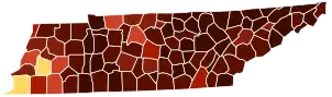 Image 34Map of counties in Tennessee by racial plurality, per the 2020 U.S. census
Legend

 

Non-Hispanic White  50–60%  60–70%  70–80%  80–90%  90%+
Black or African American  50–60% 

 (from Tennessee)