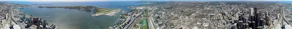 180-degree panorama of Toronto, Canada, as seen from the CN Tower, altitude 447 m (1,465 ft). Circa 2000.
