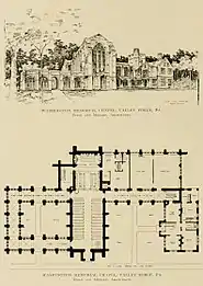 Perspective & plan of Washington Memorial Chapel (1908), Valley Forge, Pennsylvania.