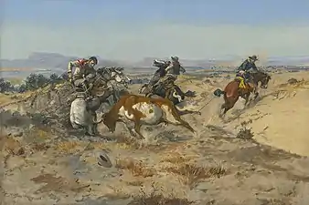 When Cowboys Get in Trouble (The Mad Cow) by Charles M. Russell, 1899, Oil on canvas