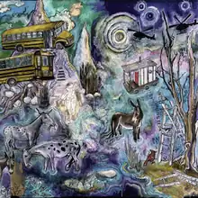 A dream-like animated scene showing school buses balancing on hills, helicopters flying overhead, various donkeys and horses and a tall tree among other things