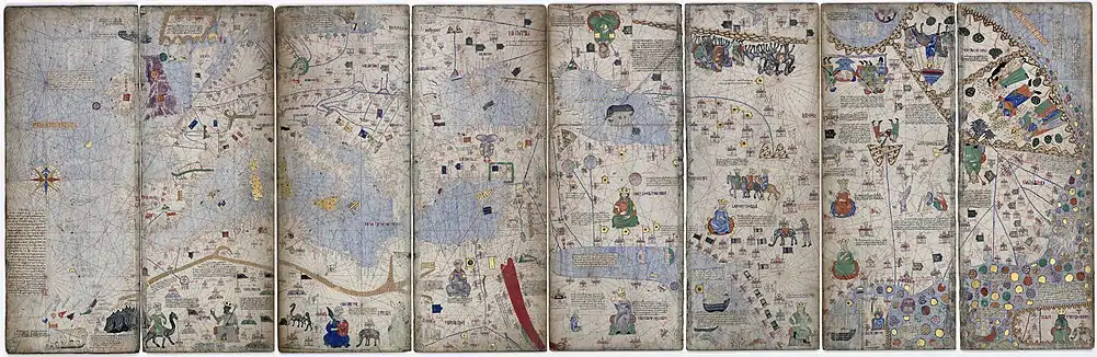 Image 1Catalan AtlasMap credit: Abraham CresquesThe Catalan Atlas is a medieval map in the Catalan language, created in 1375. Described as "the zenith of medieval map-work", it is the earliest known chart to use a compass rose. It was produced by the Majorcan cartographic school and is attributed to Abraham Cresques, a Jewish book illuminator described by a contemporary as a master of mappae mundi. It has been in the royal library of France (now the Bibliothèque nationale de France) since the time of King Charles V. The atlas originally consisted of six vellum leaves, each about 64.5 by 50 cm (25.4 by 19.7 in), folded vertically and painted in various colours including gold and silver. This picture is a montage of eight pages (four leaves) of the atlas, depicting Europe, northern Africa and Asia.More selected pictures