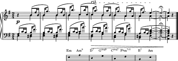 { <<
\new Dynamics {
s2 s s4 s \tempo 8 = 87 s-"rit." \tempo 8 = 82 s \tempo 8 = 77 s \tempo 8 = 72 s
}
\new PianoStaff <<
\new Staff \with{ \magnifyStaff #3/4 } <<
\new Voice \relative c' {
\key e \minor \clef treble \set Score.tempoHideNote = ##t \tempo 8 = 92 \time 2/4 \stemUp \slurUp \tieUp
r4 b'8( fis'16 b, | b g'8.) b,8( fis'16 b, | b b'8.) c,8( b'16 c, | c a'8.^\startTextSpan) b,8( a'16 b, | b g'8.) a,8( g'16 a, | a fis'8.) e4 ~ \stopTextSpan e2 \fermata ~ e4 r \bar "|."
}
\new Voice \relative c' {
\stemDown \tieDown
s4 b'4 b b b c c b b a a a ~ a2 ~ a4 s4
}
\new Dynamics {
\p
}
\new Staff \with{ \magnifyStaff #3/4 } <<
\new Voice \relative c' {
\key e \minor \clef bass \time 2/4 \stemUp \slurUp \tieUp
g8( c16 b b fis'8.) | b,8( c16 b b fis'8.) | b,8( c16 b c b'8.) | c,8( d16 c b a'8.) | b,8( c16 b a g'8.) | a,8( b16 a ~ <a c e>4 ~ <a c e>2 \fermata ~ <a c e>4) r |
}
\new Voice \relative c' {
\stemDown \tieDown
e,4 <dis fis> | <e g> <dis fis> | <e g> a | <d, fis> g | <c, e> fis | <b, dis> e4 ~ e2 ~ <a, e'>4 s
}
\new Dynamics {
s2 s s s\> s s s s \!
}
>> >> >>
\new Staff = "chords" \with {
\remove "Time_signature_engraver"
\magnifyStaff #2/3
} \relative c'
{ \hide Staff.KeySignature \hide Staff.Clef \key e \minor \clef bass
{ \hide Stem \stopStaff \once \hide \p s2 s \startStaff e,8 s a s d, s g s c, s fis s b, s e s \stopStaff}}
\addlyrics \with { alignAboveContext = "chords" \override VerticalAxisGroup.nonstaff-relatedstaff-spacing = #'((basic-distance . 3)) } { \override LyricText.font-size = #-3 Em \markup{\concat{Am\super{9}}} \markup{\concat{D\super{7}}} \markup{\concat{G\super{maj9}}} \markup{\concat{C\super{maj7}}} \markup{\concat{F♯m\super{7♭5}}} \markup{\concat{B\super{7}}} Am}
>>
}
\layout { line-width = #150 }