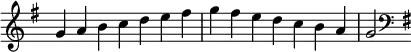 {
\override Score.TimeSignature #'stencil = ##f
\relative c'' {
\clef treble \key g \major \time 7/4 g4 a b c d e fis g fis e d c b a g2
\clef bass \key g \major
} }