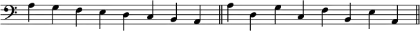 {
\override Score.TimeSignature #'stencil = ##f
\relative c' { \key c \major \clef bass \time 8/4
a g f e d c b a \bar "||" a' d, g c, f b, e a, \bar "||"
} }
\layout { \context { \Score \override SpacingSpanner.base-shortest-duration = #(ly:make-moment 1/16) } }