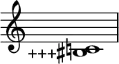 \new Staff \with{ \magnifyStaff #3/2 } {
\override Score.TimeSignature #'stencil = ##f
\relative c' {
\clef treble \time 1/1 <c! \tweak Accidental.stencil #ly:text-interface::print \tweak Accidental.text \markup { \concat { \lower #1 "+++" \sharp}} bis>1
} }