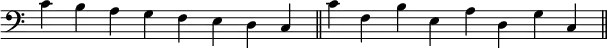 {
\override Score.TimeSignature #'stencil = ##f
\relative c' { \key c \major \clef bass \time 8/4
c b a g f e d c \bar "||" c' f, b e, a d, g c, \bar "||"
} }
\layout { \context { \Score \override SpacingSpanner.base-shortest-duration = #(ly:make-moment 1/16) } }