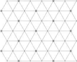 The plane divided into equilateral triangles by three sets of parallel lines. Certain intersections of the lines (vertices of the triangles) are circled.
