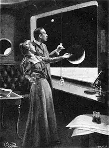 An illustration of a man and woman in Victorian clothing sharing a toast while looking out the window of a spaceship.