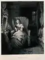A young woman is sitting in a chair reading a story after Robert William Buss.