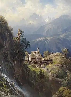 Image 8Adolf MosengelPainting credit: Adolf MosengelAdolf Mosengel (1837–1885) was a landscape painter from Hamburg, Germany, who built a reputation painting Alpine scenes, later turning to scenes from Westphalia. From 1854 to 1857, he studied at the Kunstakademie Düsseldorf under Hans Gude, and from 1858 to 1859 in Paris, after which he moved to Geneva to study under Alexandre Calame. He spent most of his life working in Hamburg, but travelled in 1879 to the lakes of Northern Italy, where he painted en plein air. This oil-on-canvas painting by Mosengel shows a village in the Bernese Alps.