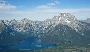 Leigh Lake (bottom left) with Paintbrush Canyon, Mount Woodring, Leigh Canyon, and Mount Moran above (from left to right)