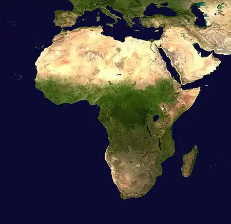 Image 1Geography of AfricaPhoto: NASAA composite satellite image of the geography of Africa, the Earth's second-largest continent, and its adjacent islands. Separated from Europe by the Mediterranean Sea and from much of Asia by the Red Sea, Africa is joined to Asia at its northeast extremity by the Isthmus of Suez. For geopolitical purposes, the Sinai Peninsula – east of the Suez Canal – is often considered part of Africa, although geographically it belongs in Asia. Africa can be divided into a number of geographic zones: The Atlas Mountains in the north, the Sahara, the coastal plains, and the inner plateaus.More selected pictures