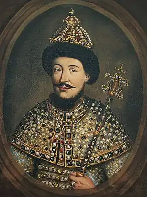 Image 8Alexis of RussiaPainting: UnknownAlexis (1629–1676) was the tsar of Russia from 1645 until his death. Born in Moscow on 29 March 1629, the son of Tsar Michael and Eudoxia Streshneva, the sixteen-year-old Alexis acceded to the throne after his father's death. Boris Morozov, a shrewd boyar open to Western ideas, took charge of Russia in the early years of Alexis's reign, but was exiled from Moscow following a popular uprising. Alexis responded to the uprising with a new legal code. His reign saw wars with Poland and with Sweden, a schism in the Russian Orthodox Church, and the major Cossack revolt of Stenka Razin. Alexis was married twice and had sixteen children, including tsars Fyodor III; Ivan V; Peter the Great; and Sofia, who ruled as regent for her brothers from 1682 to 1689.This oil painting, made by an unknown artist in the 1670s, is now located in a museum in Ptuj, Slovenia.More selected pictures