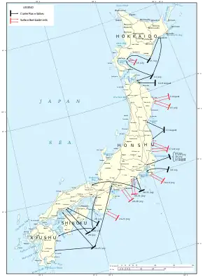 Color map of the Japanese home islands marked with the locations and dates of the air raids and bombardments described in this article.