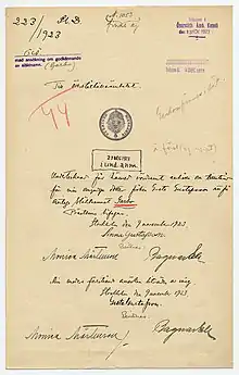 Hand-written letter with multiple signatures and with stamps of approval.