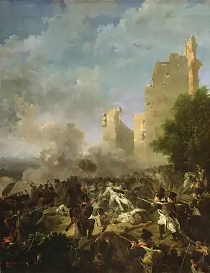 Painting shows a rather confused battle with the ruins of a castle in the background.