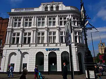 The Barclay's bank building overlooking the historic crossroads
