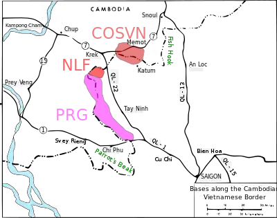 A map showing the army bases along the Vietnamese Cambodian border