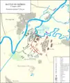 Battle of Szőreg. The situation around 7:30 p.m. Red - the Austrian troops, Blue - the Hungarian troops. Green - the Russian troops.