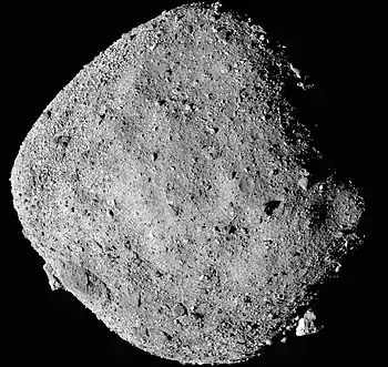 Image 14101955 BennuPhotograph credit: NASA / OSIRIS-REx101955 Bennu is a carbonaceous asteroid discovered by the Lincoln Near-Earth Asteroid Research project in 1999. Bennu has a roughly spheroidal shape, an effective diameter of about 484 m (1,588 ft), and a rough, boulder-strewn surface. It is a potentially hazardous object, with a cumulative 1-in-2,700 chance of impacting Earth between 2175 and 2199. It is named after the Bennu, an ancient Egyptian bird deity associated with the Sun, creation, and rebirth. This mosaic image of Bennu consists of twelve PolyCam images taken by NASA's OSIRIS-REx spacecraft from a range of 24 km (15 mi). The primary goal of the mission is to collect a sample from the asteroid's surface, which is scheduled to take place on October 20, 2020, and return the sample to Earth for analysis.More selected pictures