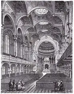 Image 20New Synagogue, BerlinImage credit: Wilhelm Ernst & SohnAn 1896 engraving of the interior of the New Synagogue, Berlin. The synagogue was noted for its Moorish style and resemblance to the Alhambra. During the Kristallnacht pogrom of 1938, the Synagogue was set ablaze. Today the synagogue serves as an exhibit for various aspects of the Holocaust, particularly Kristallnacht.