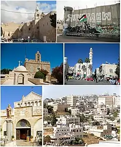 From top, left to right: Church of the Nativity, Graffiti on the Israeli West Bank barrier, Chapel of the Milk Grotto, Mosque of Omar (Bethlehem)  in Manger Square, Church of Saint Catherine, Bethlehem and skyline of the city