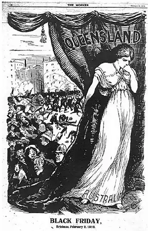 Image 6Illustration from the Brisbane Worker newspaper condemning the brutality of the Queensland Police on Black Friday during the 1912 Brisbane General Strike.